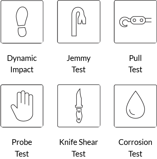 Six simple line icons representing key product performance tests: Dynamic Impact (footprint), Jemmy Test (crowbar), Pull Test (chain link), Probe Test (hand), Knife Shear Test (knife), and Corrosion Test (droplet). The set visually summarises the range of security and durability testing applied to Prowler Proof products.